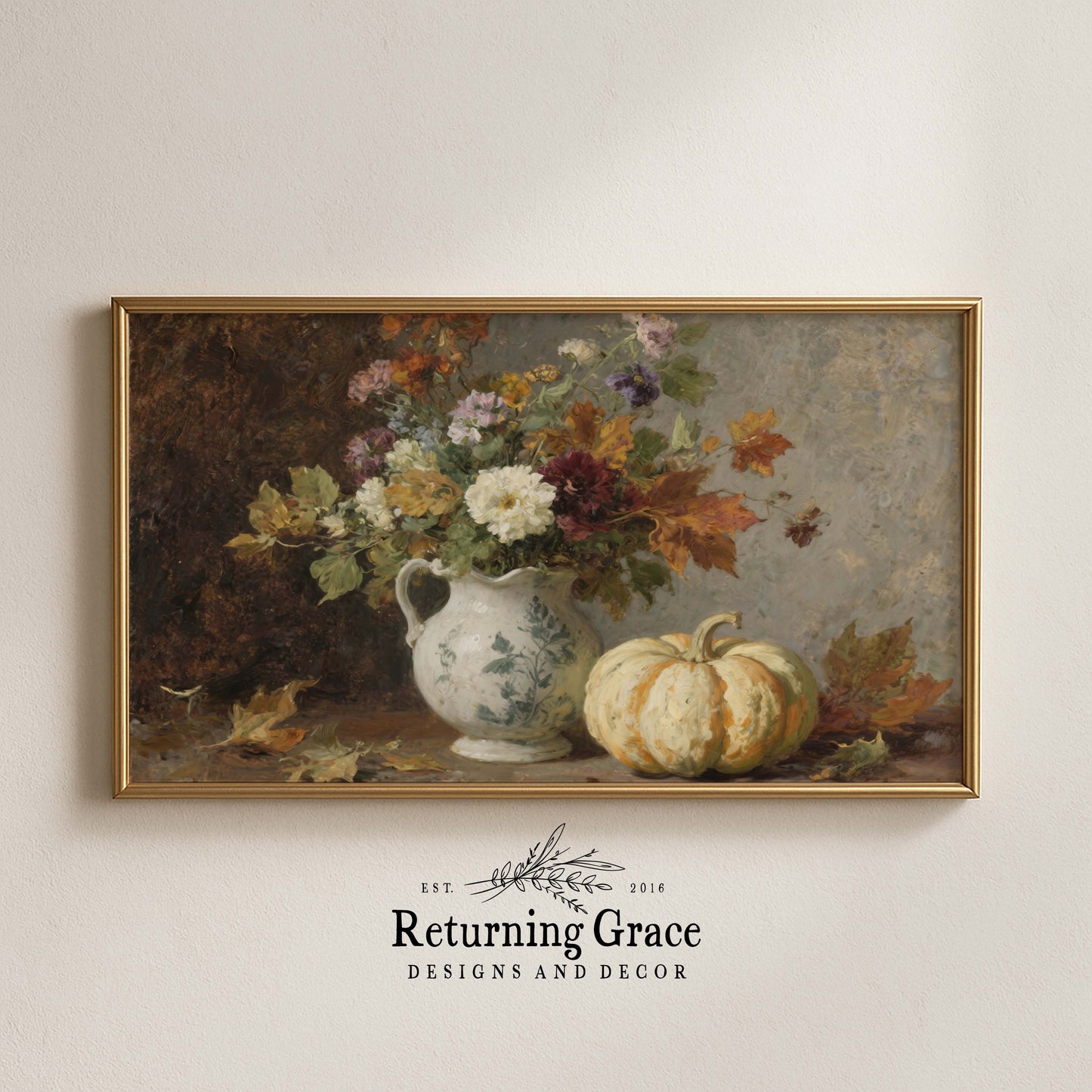 Fall Flowers in Pitcher with Pumpkin TV Art