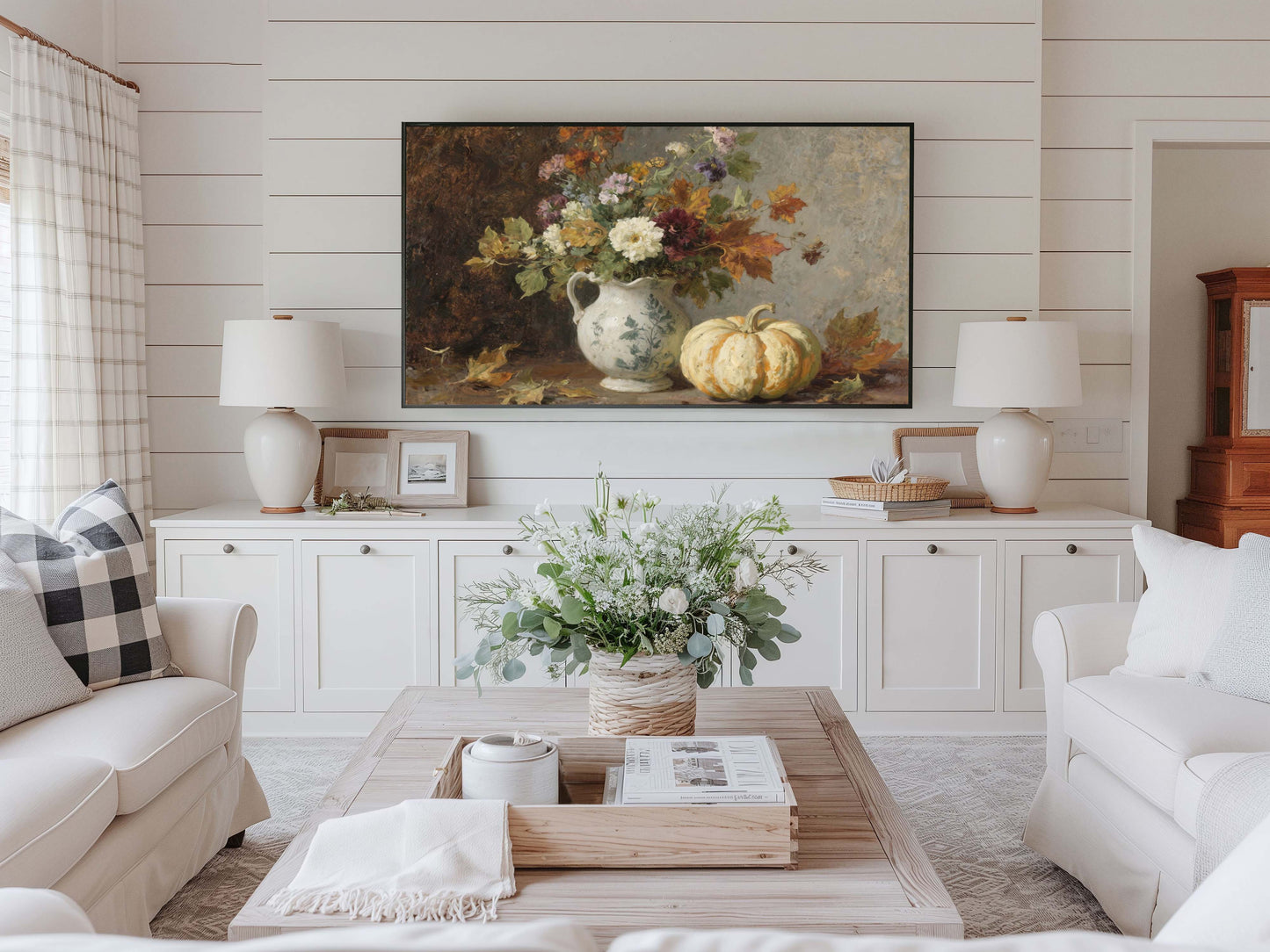 Fall Flowers in Pitcher with Pumpkin TV Art