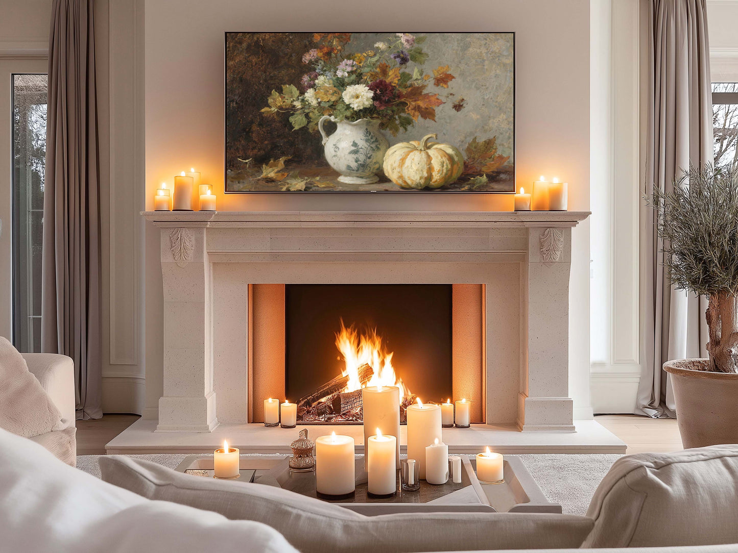 Fall Flowers in Pitcher with Pumpkin TV Art