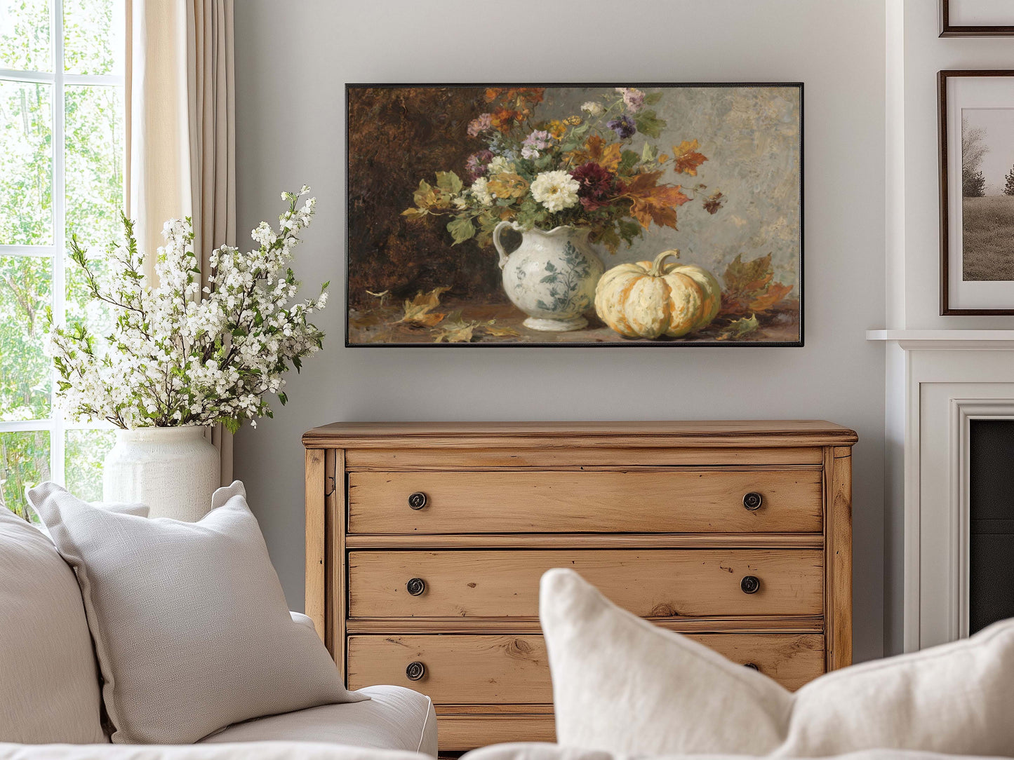Fall Flowers in Pitcher with Pumpkin TV Art