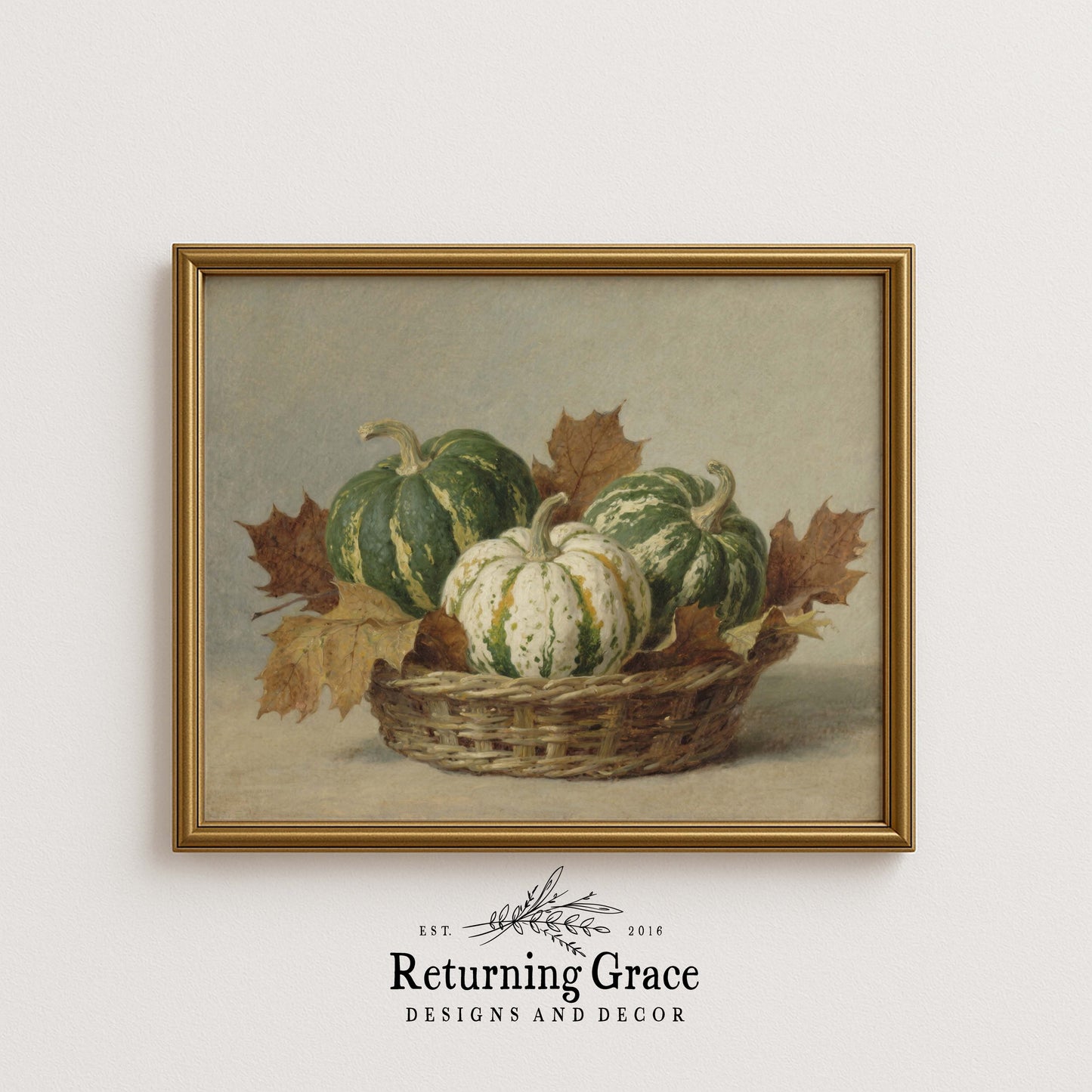 Green and White Pumpkins in Basket Still Life Printable Art