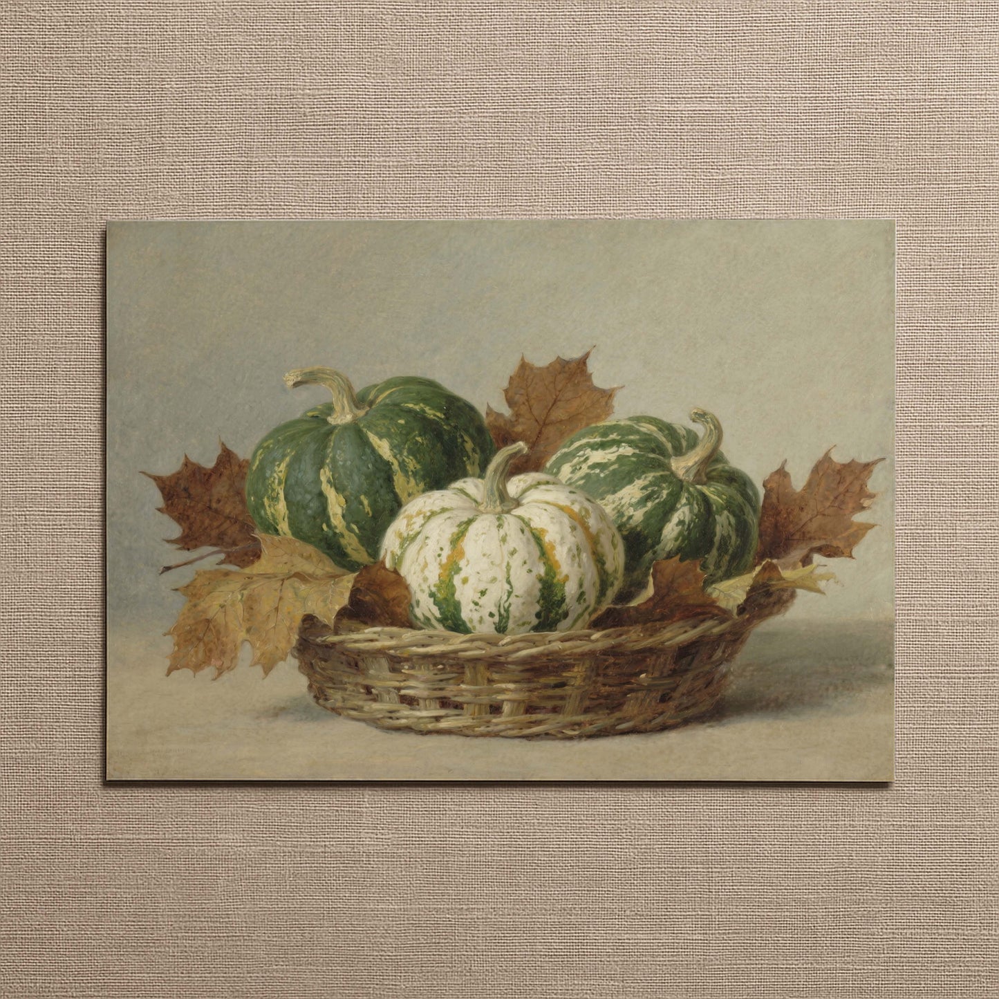 Green and White Pumpkins in Basket Still Life Printable Art