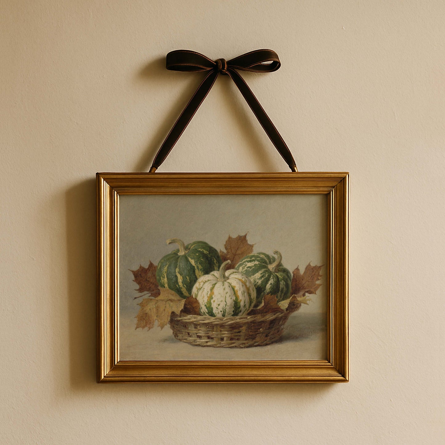 Green and White Pumpkins in Basket Still Life Printable Art