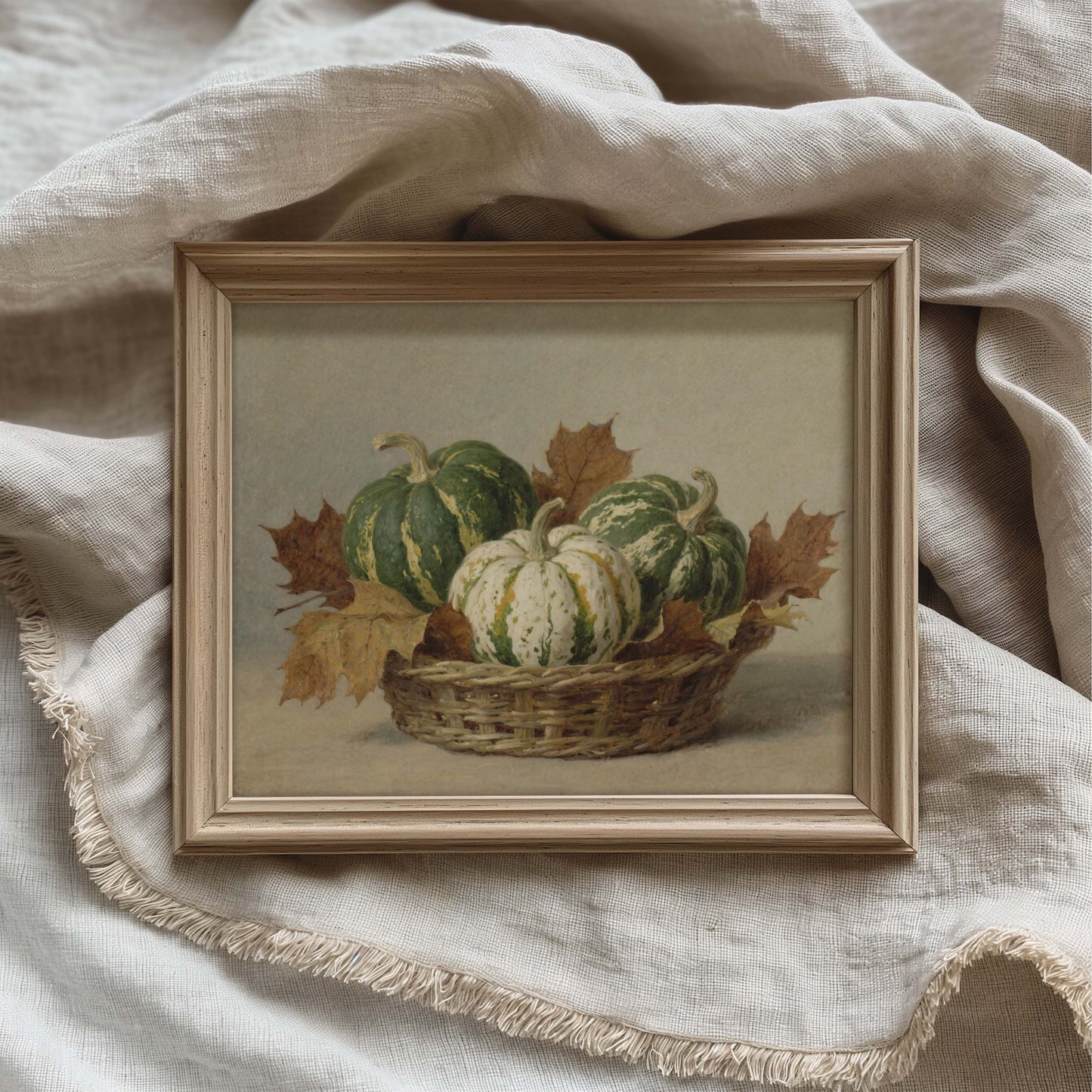 Green and White Pumpkins in Basket Still Life Printable Art