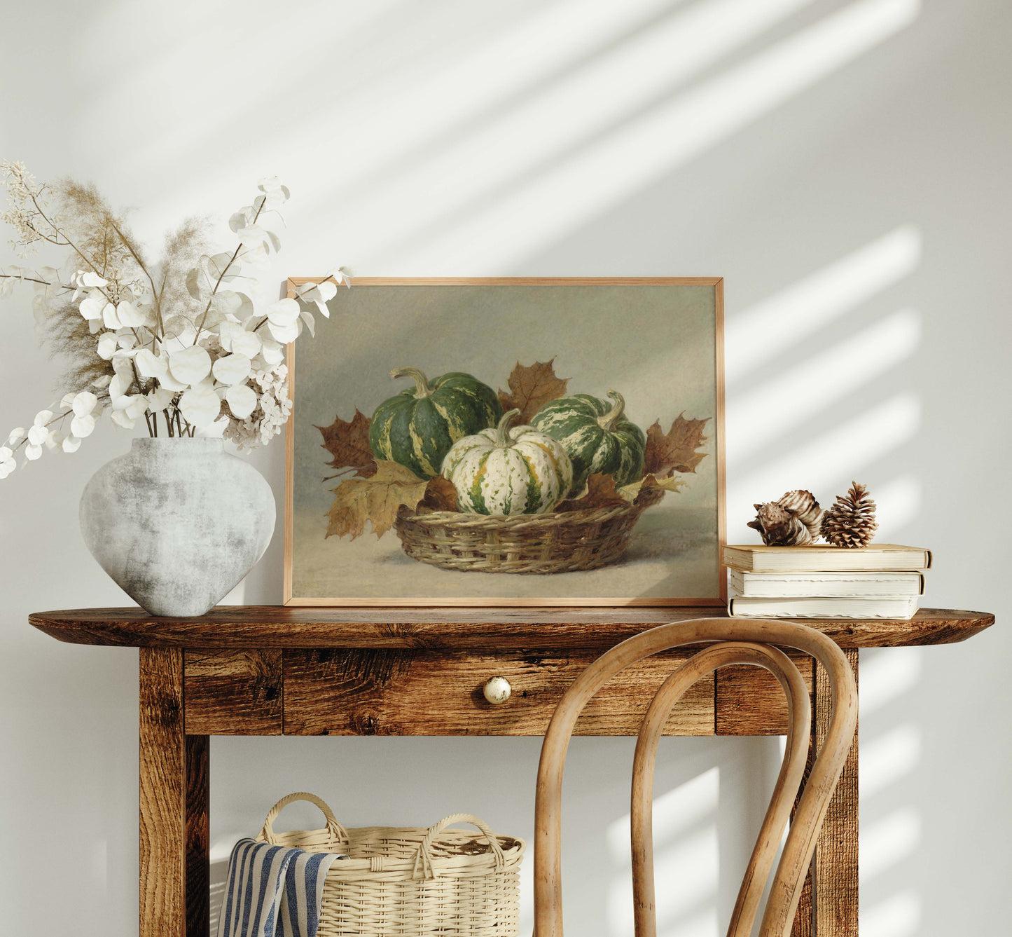 Green and White Pumpkins in Basket Still Life Printable Art