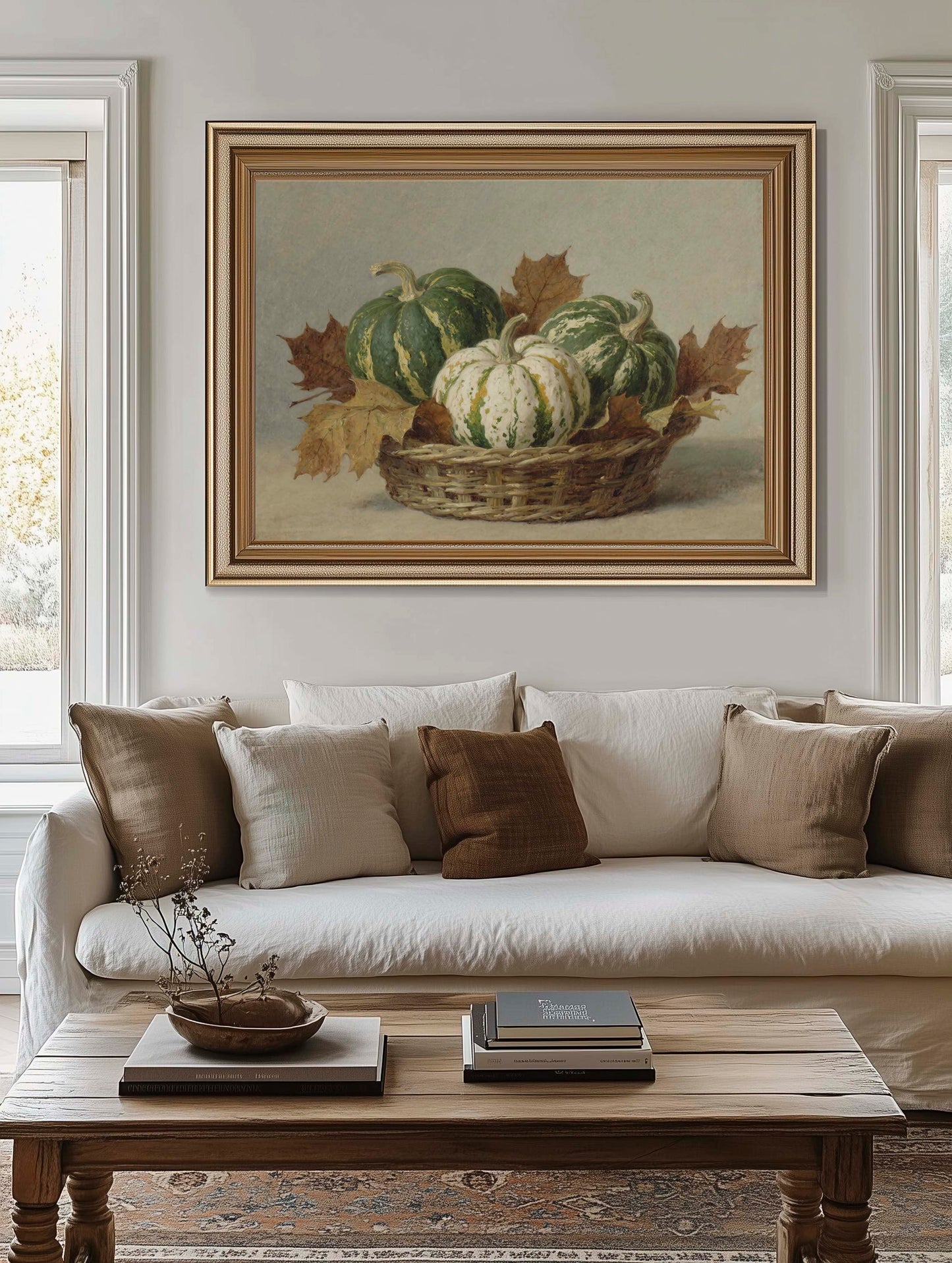 Green and White Pumpkins in Basket Still Life Printable Art