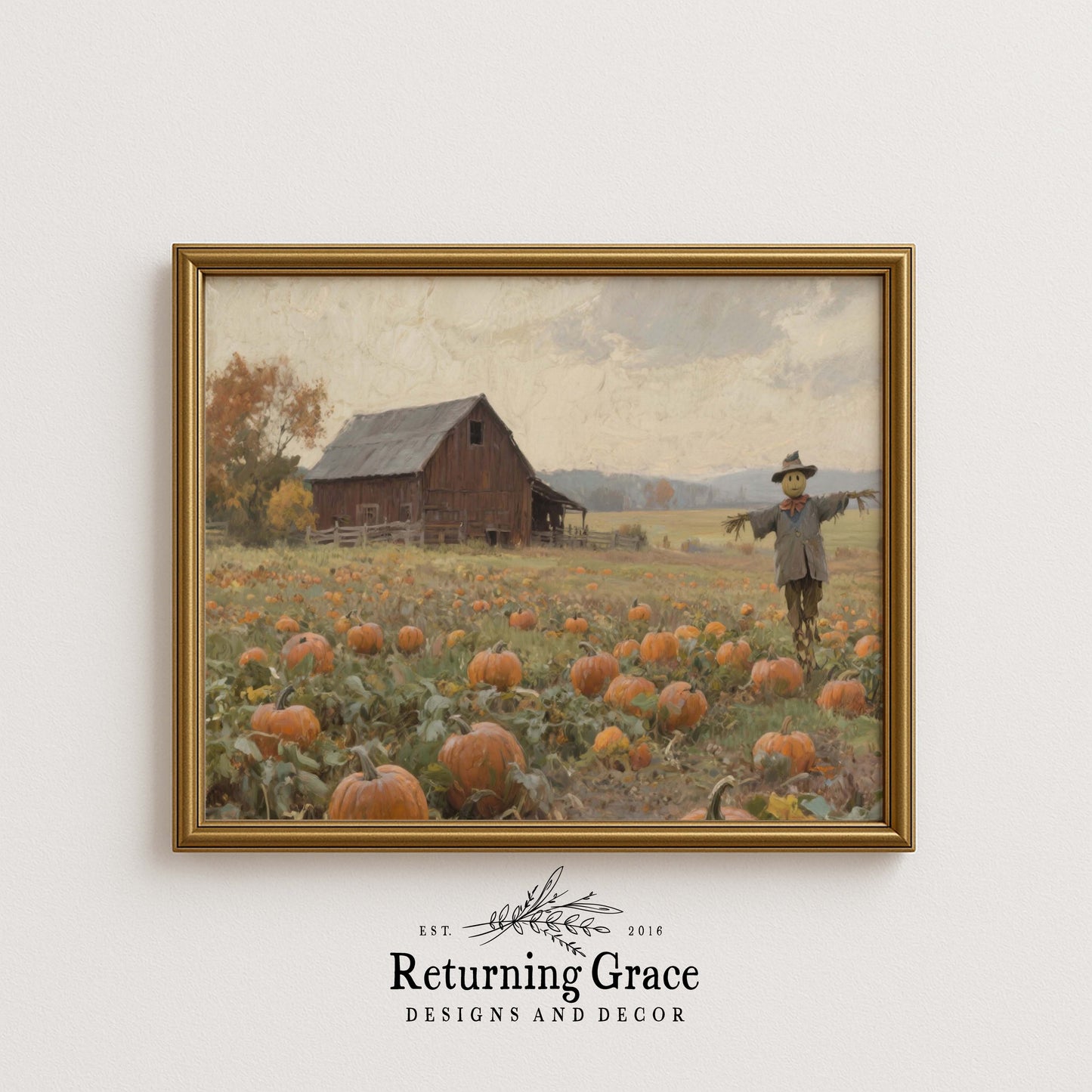 Scarecrow in Pumpkin Field Fall Printable Art