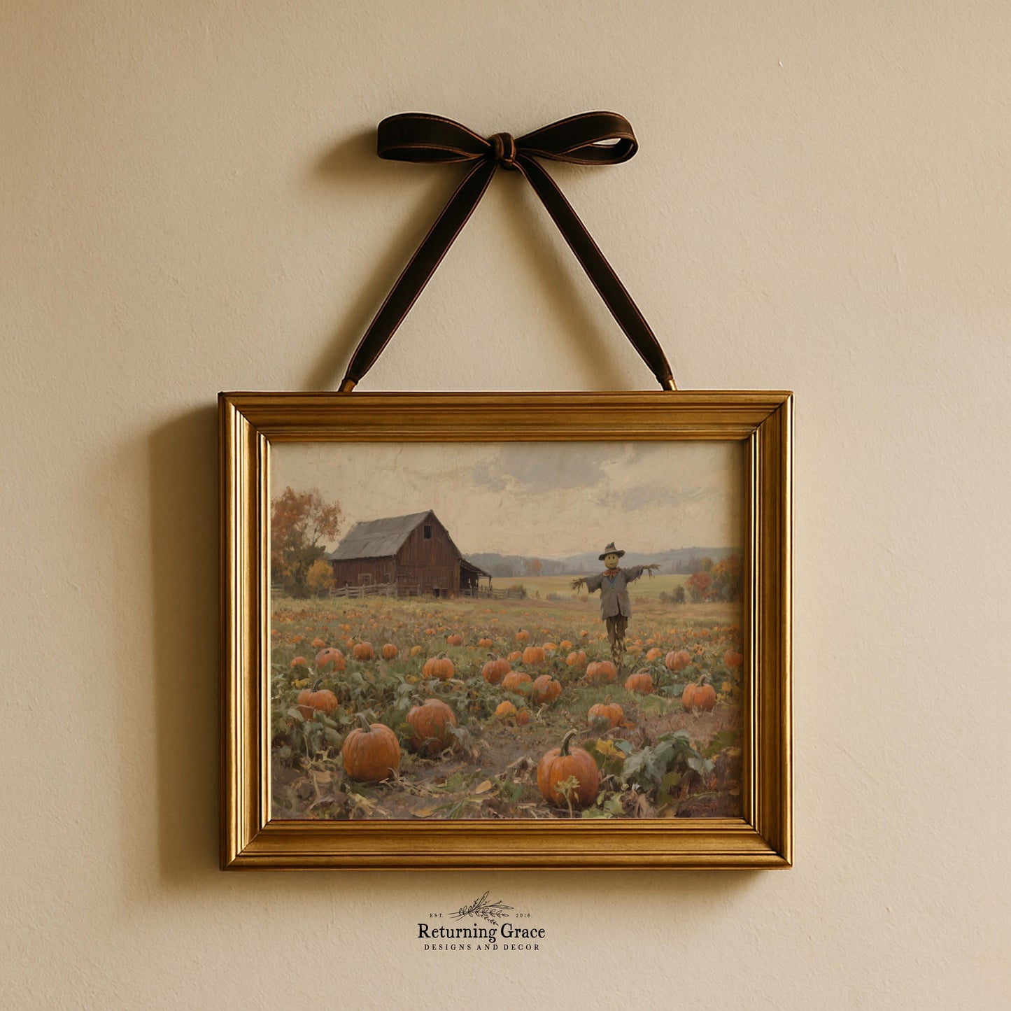 Scarecrow in Pumpkin Field Fall Printable Art