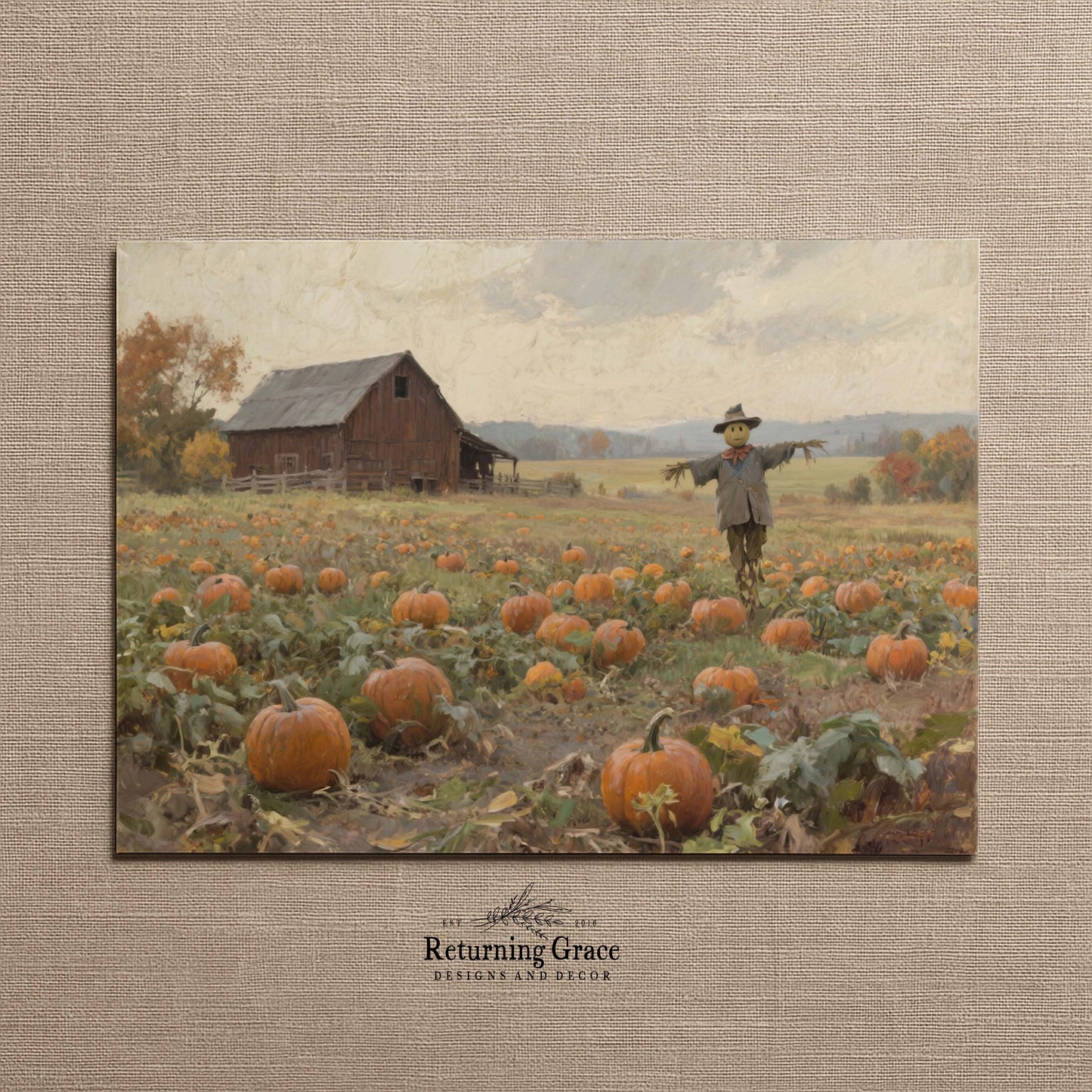 Scarecrow in Pumpkin Field Fall Printable Art