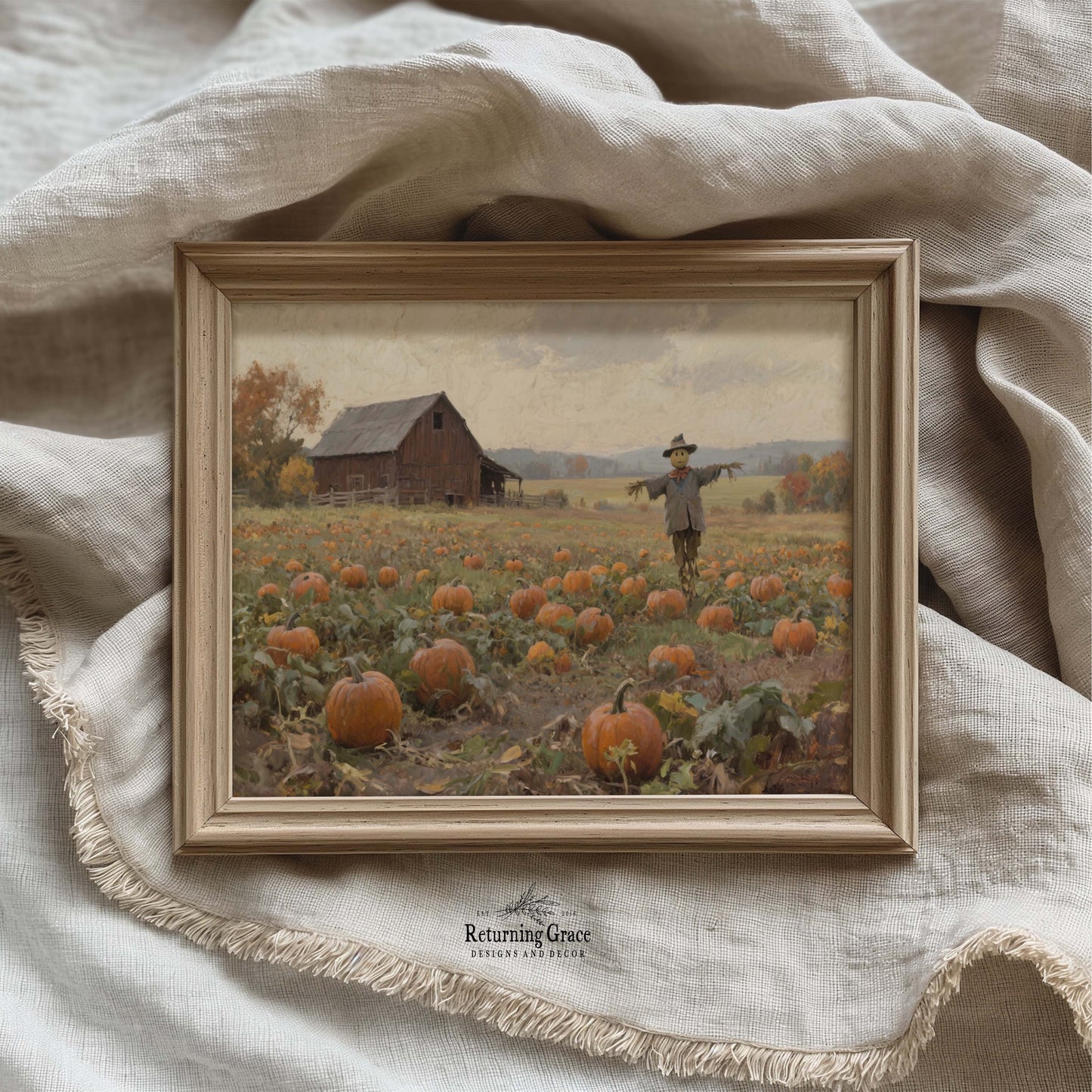 Scarecrow in Pumpkin Field Fall Printable Art