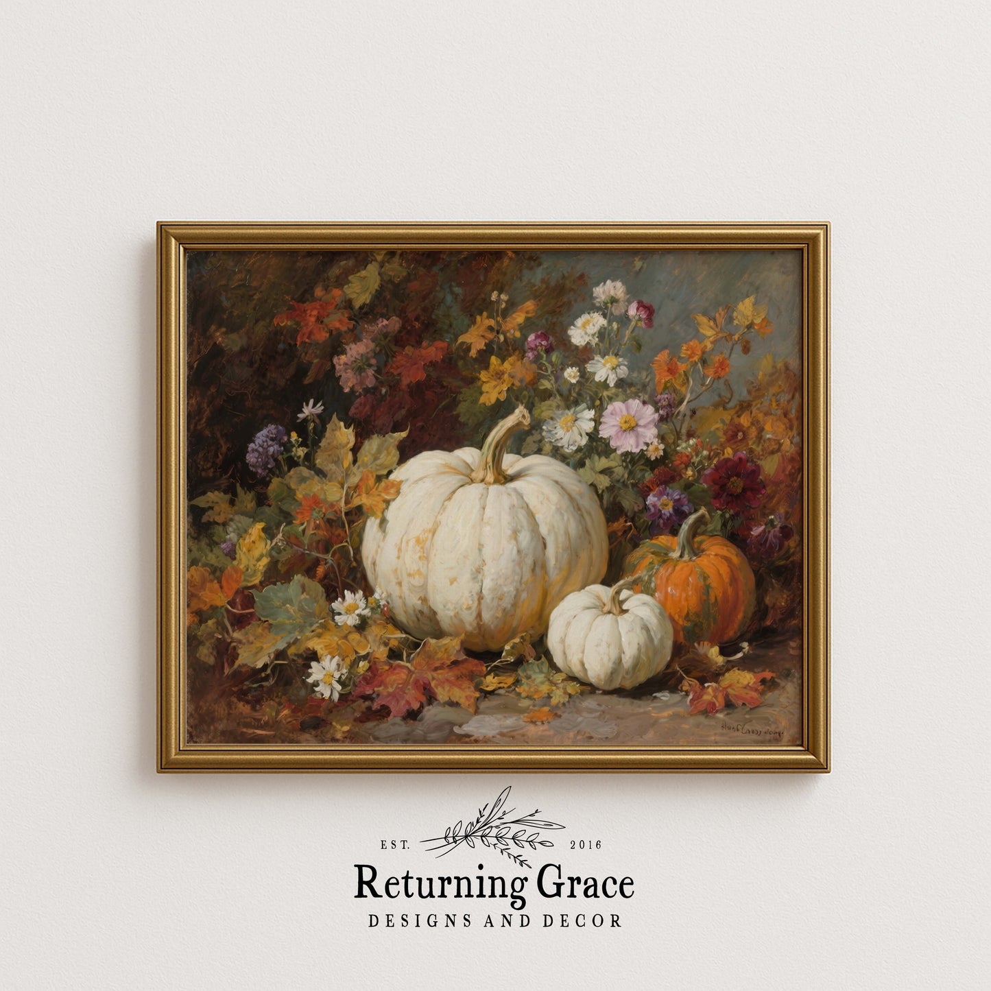 Pumpkins and Fall Flowers I Printable Art