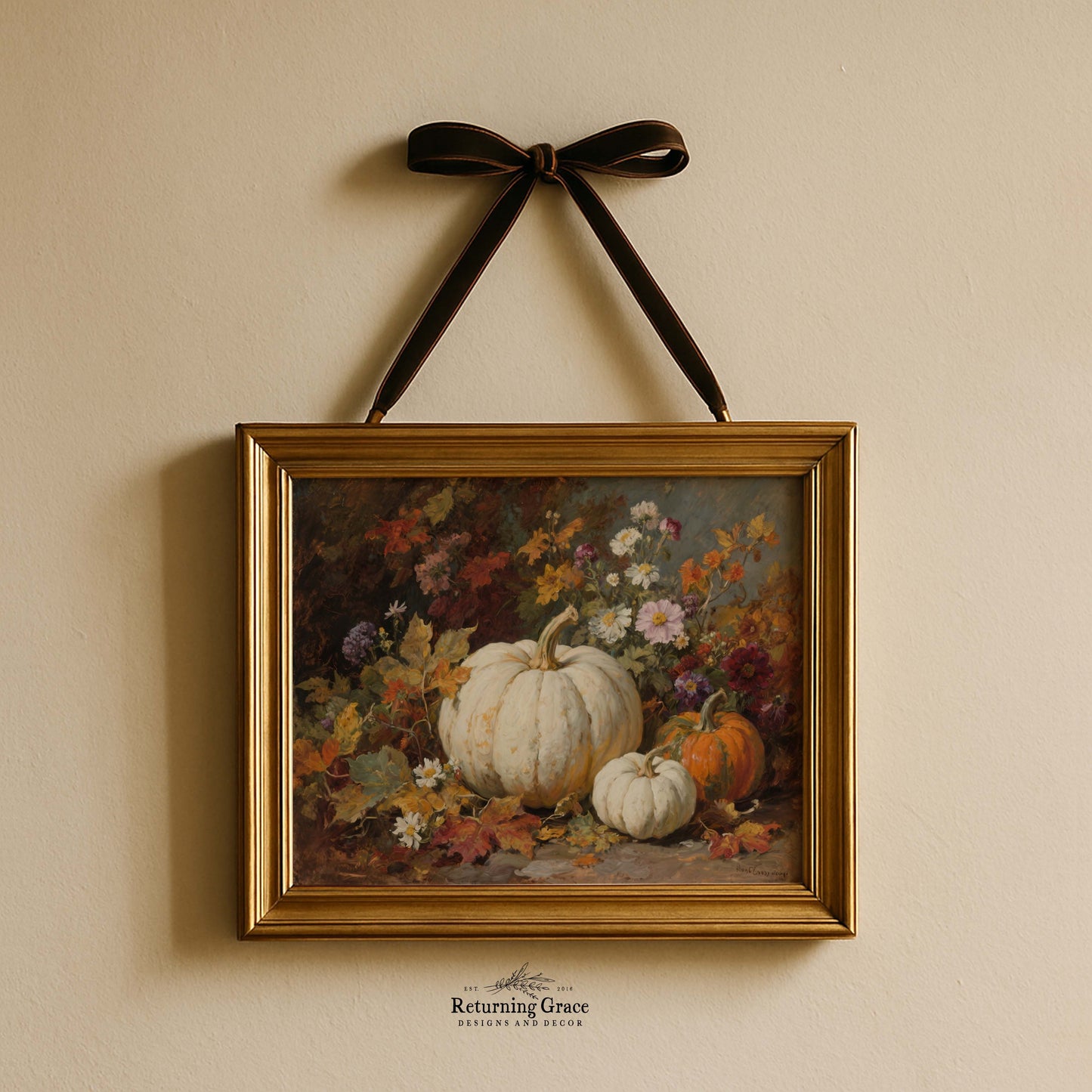 Pumpkins and Fall Flowers I Printable Art