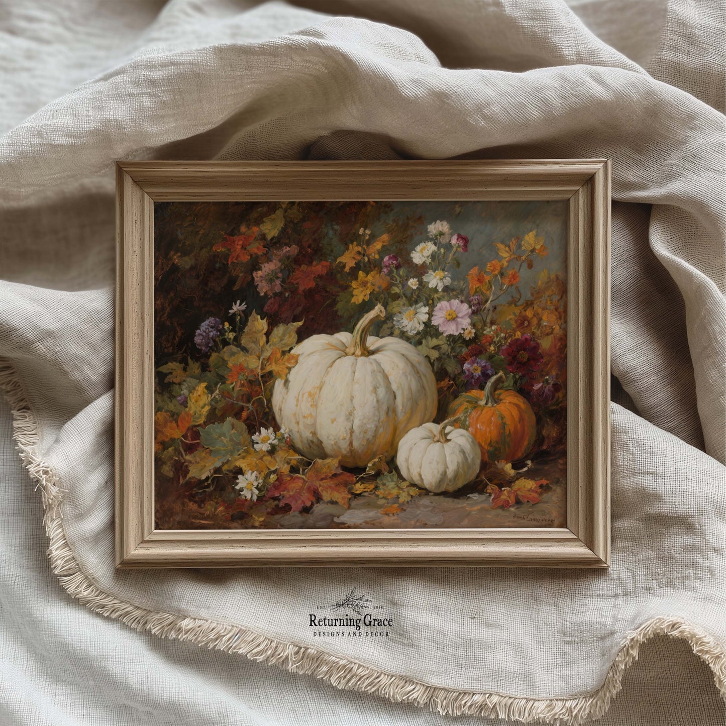 Pumpkins and Fall Flowers I Printable Art