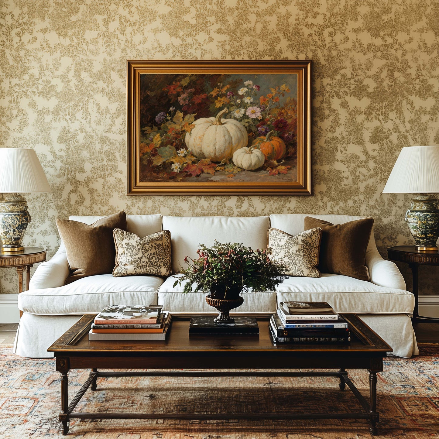 Pumpkins and Fall Flowers I Printable Art