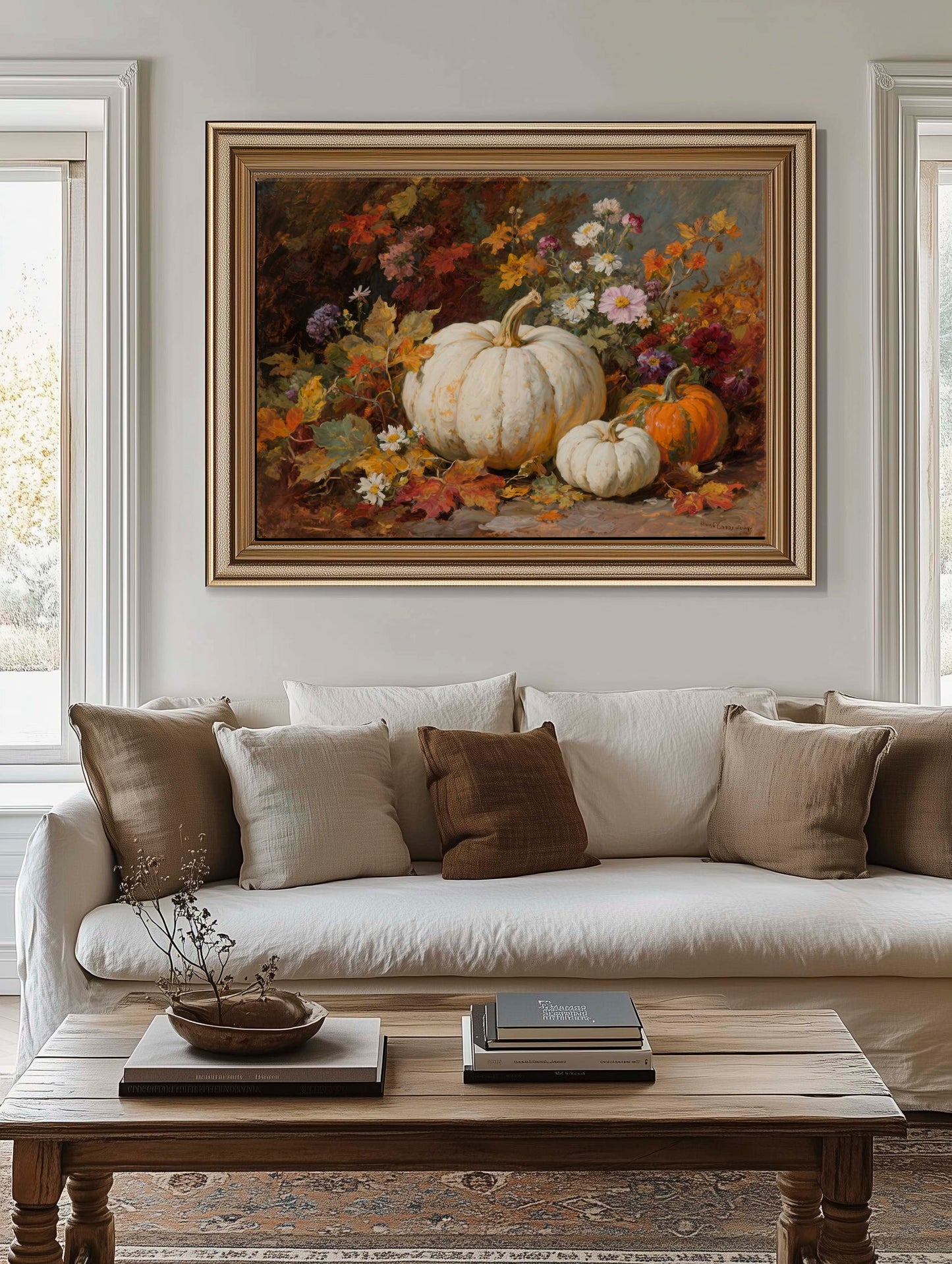 Pumpkins and Fall Flowers I Printable Art