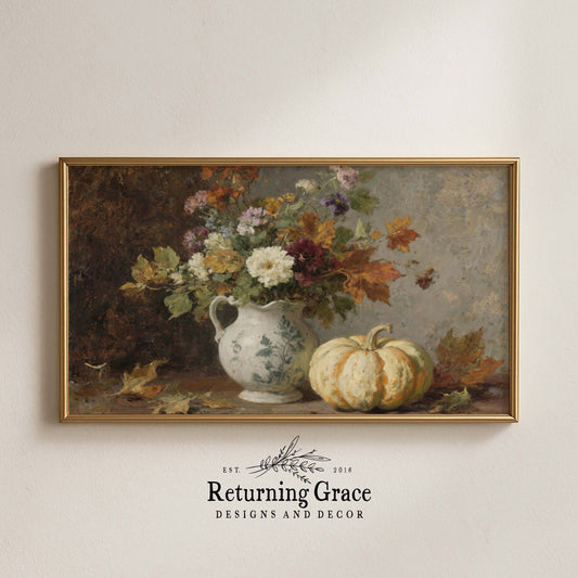 Fall Flowers in Pitcher with Pumpkin TV Art