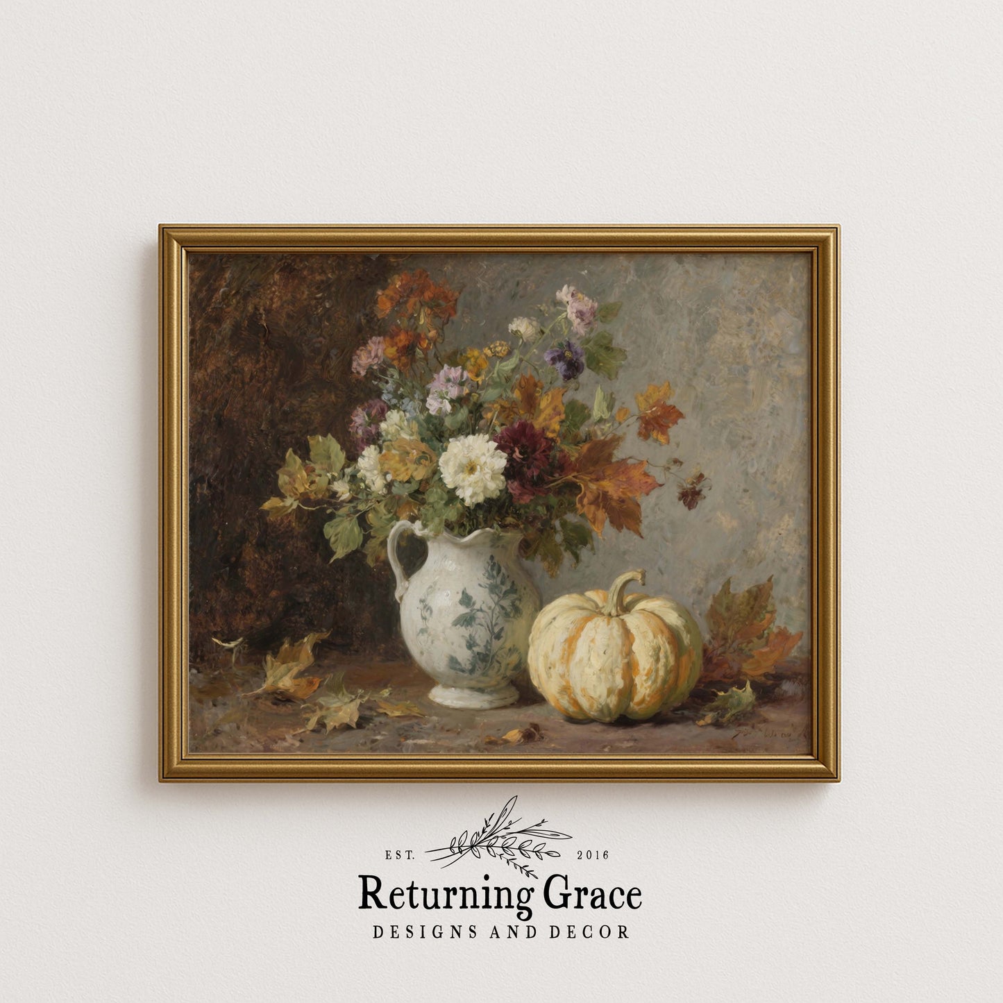 Fall Flowers in Pitcher with Pumpkin Still Life Printable Art