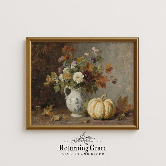 Fall Flowers in Pitcher with Pumpkin Still Life Printable Art
