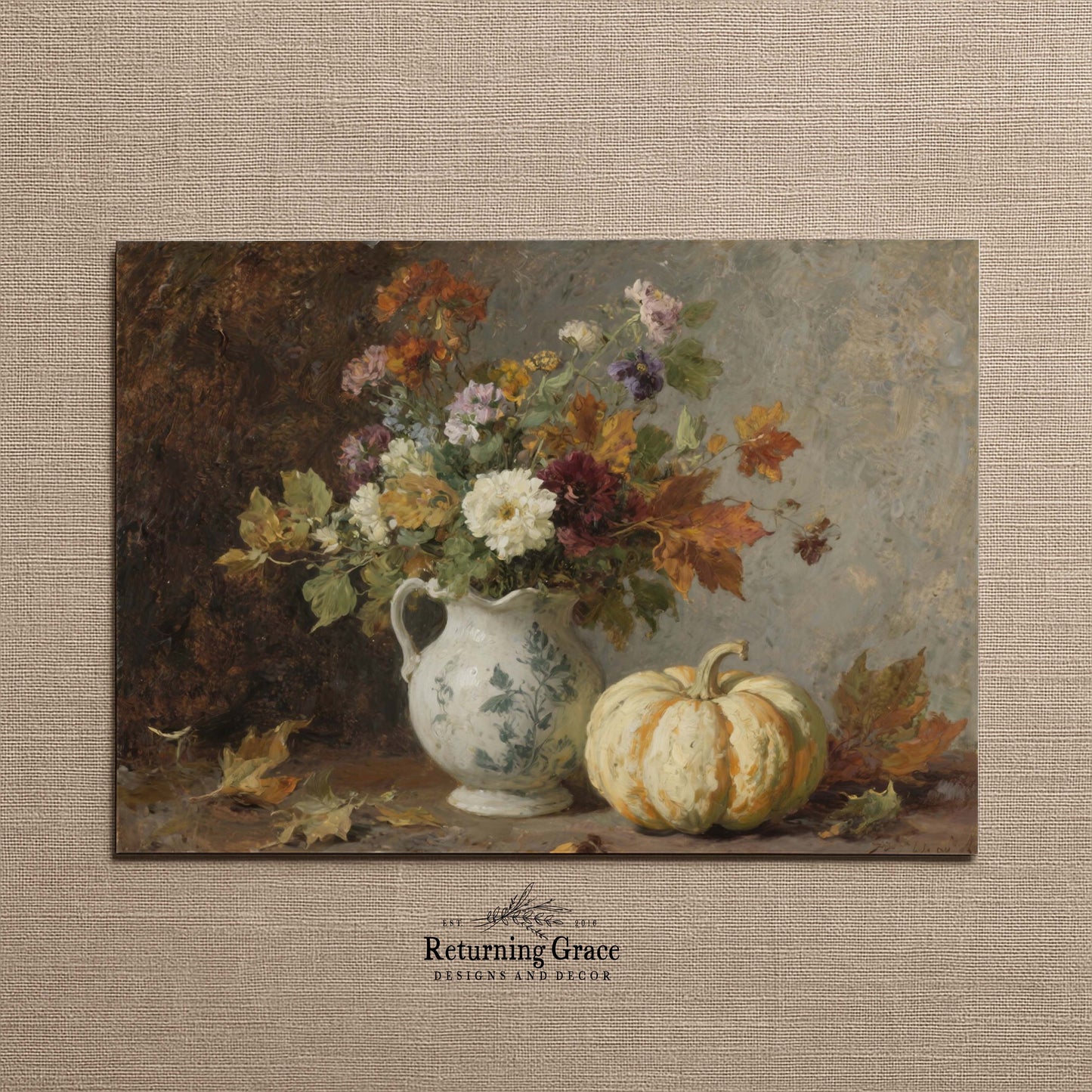 Fall Flowers in Pitcher with Pumpkin Still Life Printable Art