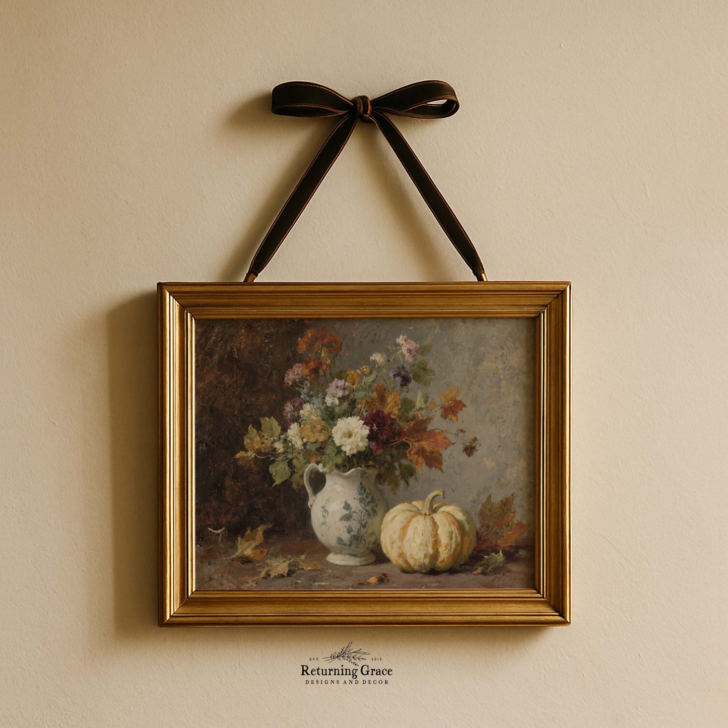 Fall Flowers in Pitcher with Pumpkin Still Life Printable Art
