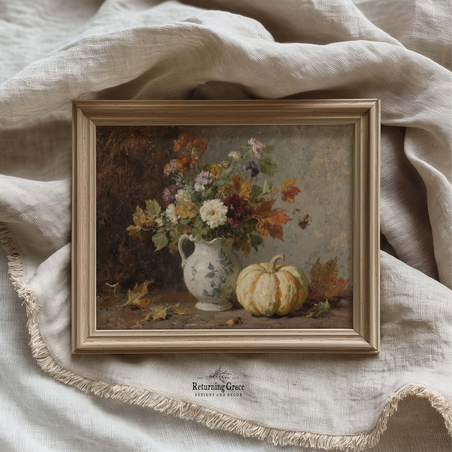Fall Flowers in Pitcher with Pumpkin Still Life Printable Art