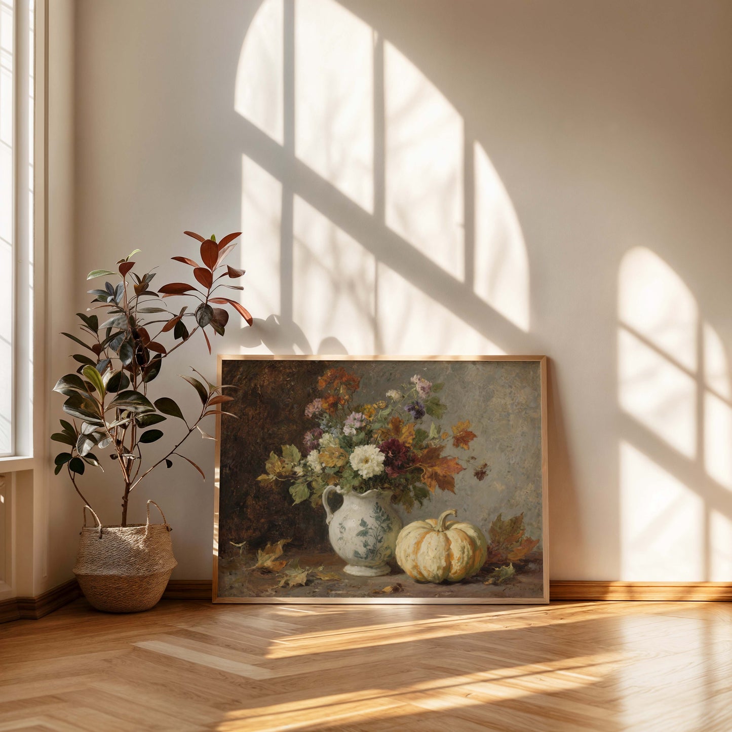 Fall Flowers in Pitcher with Pumpkin Still Life Printable Art