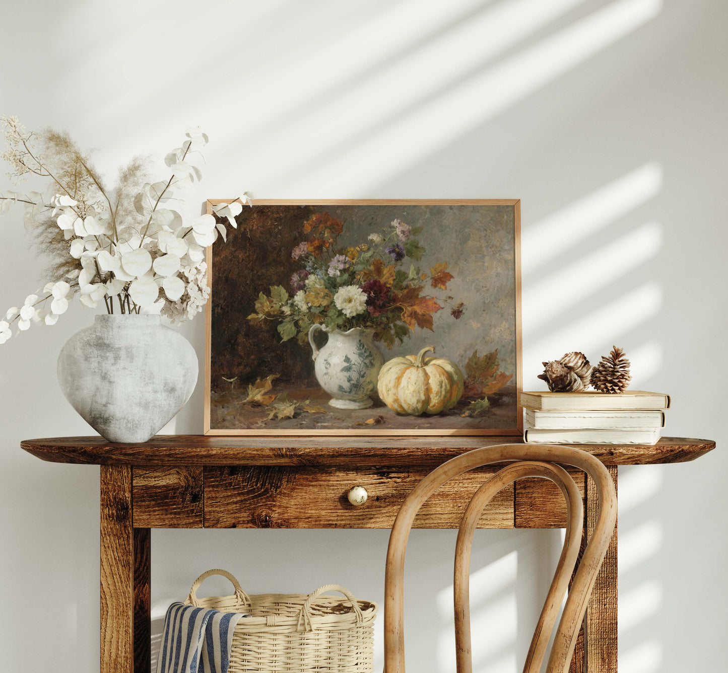 Fall Flowers in Pitcher with Pumpkin Still Life Printable Art