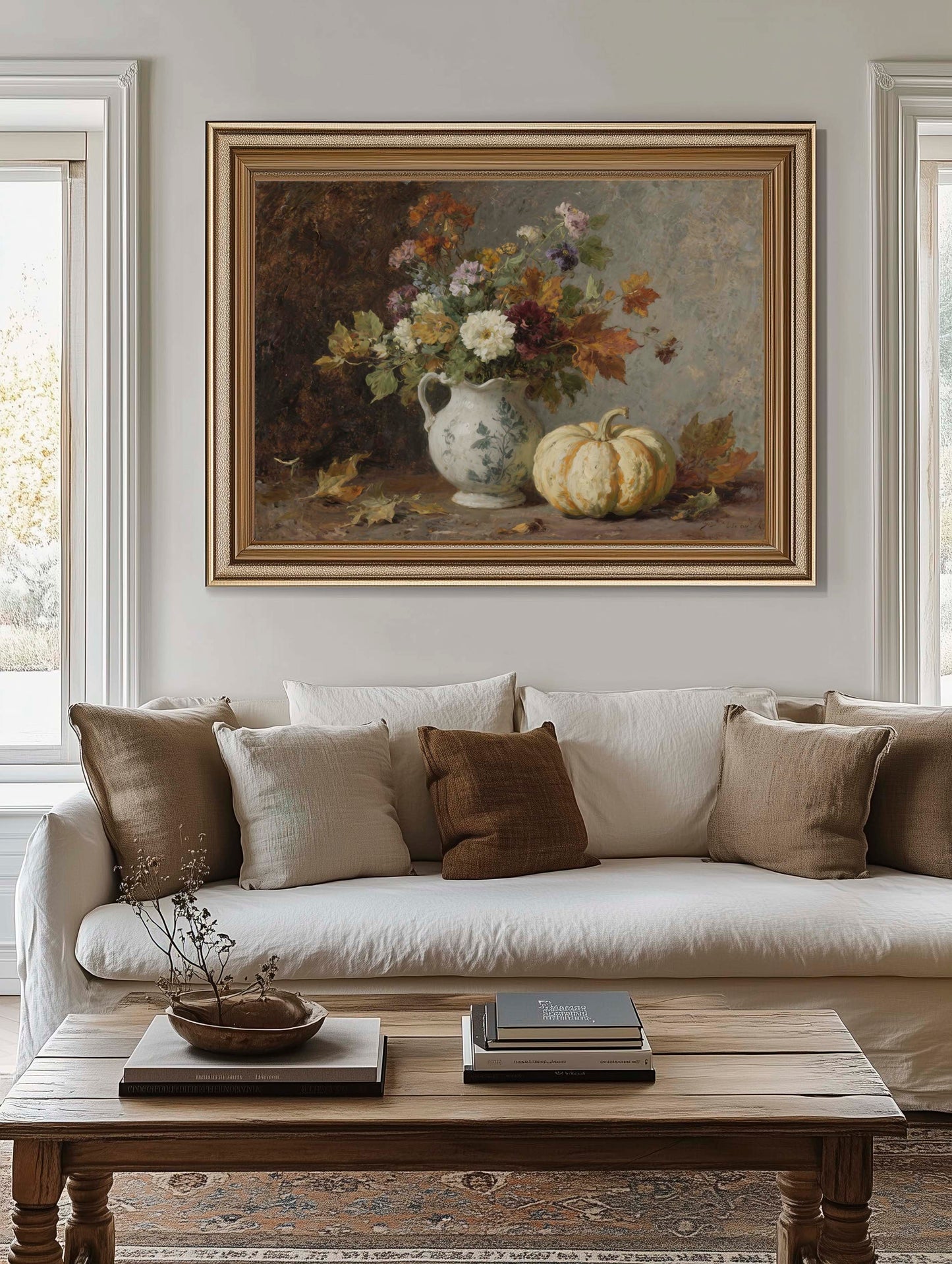 Fall Flowers in Pitcher with Pumpkin Still Life Printable Art
