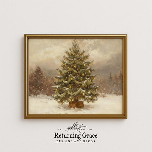 Gold Christmas Tree in the Woods Printable Art