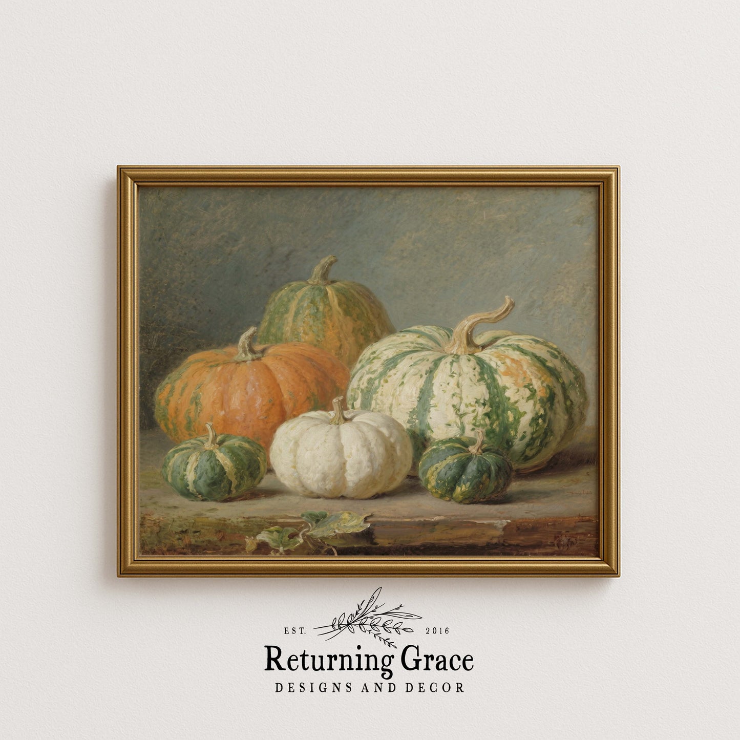 Orange, Green and White Pumpkins Still Life Printable Art
