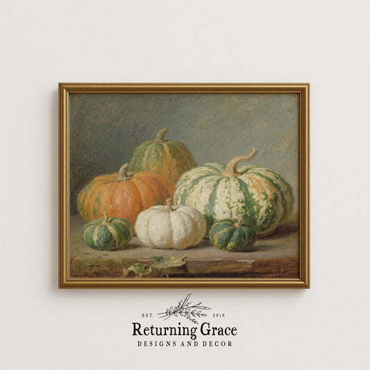 Orange, Green and White Pumpkins Still Life Printable Art