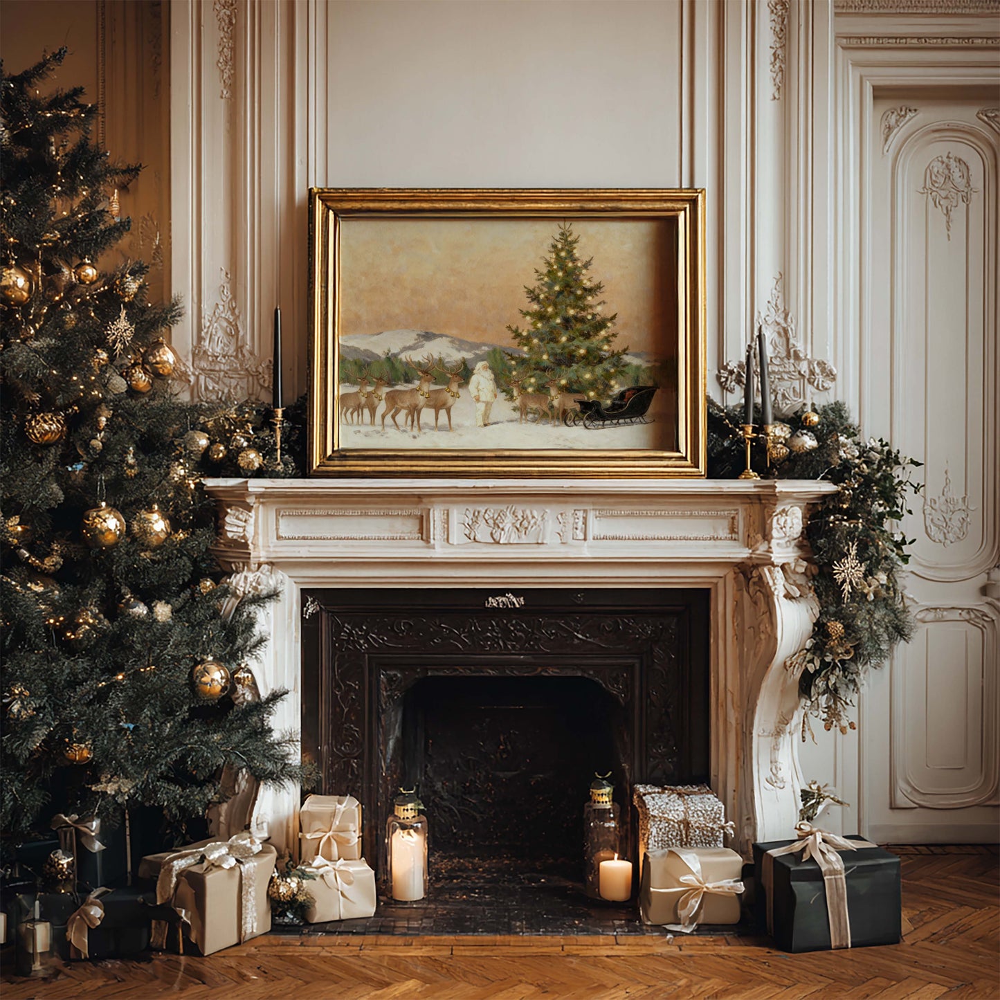 Santa with Reindeer on the Mountain Printable Art