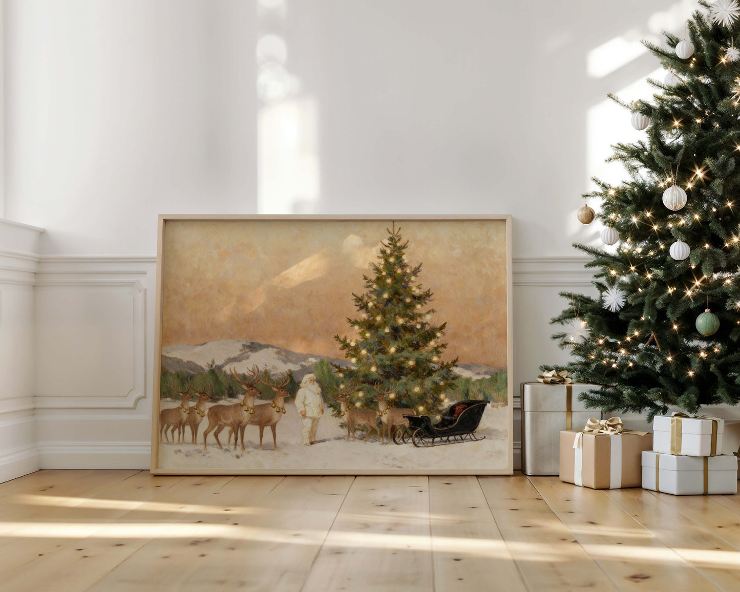 Santa with Reindeer on the Mountain Printable Art