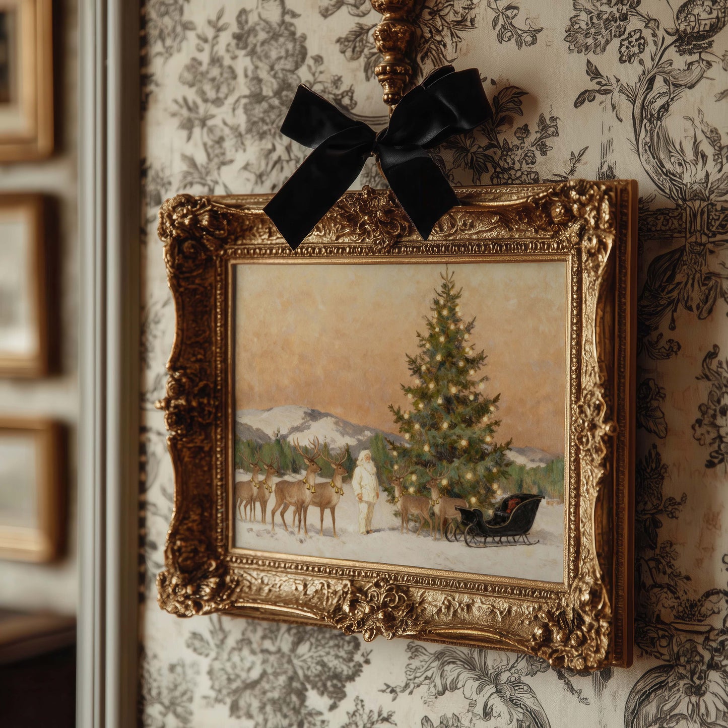 Santa with Reindeer on the Mountain Printable Art