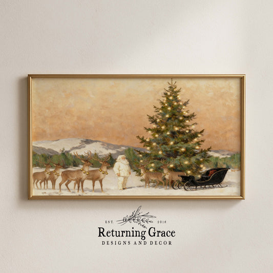 Santa with Reindeer on the Mountain TV Art