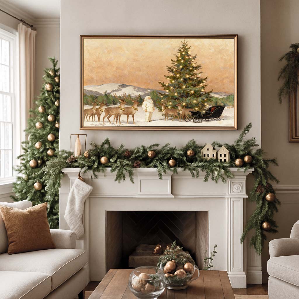 Santa with Reindeer on the Mountain TV Art
