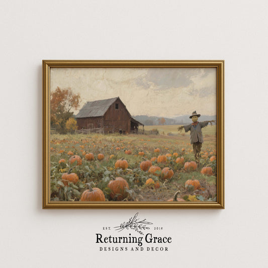 Scarecrow in Pumpkin Field Fall Printable Art