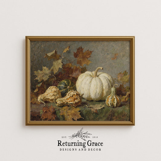 White Pumpkins and Gourds Still Life Printable Art