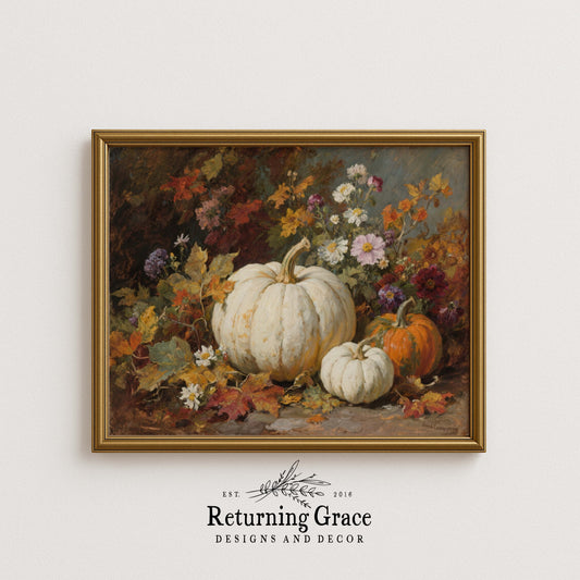 Pumpkins and Fall Flowers I Printable Art