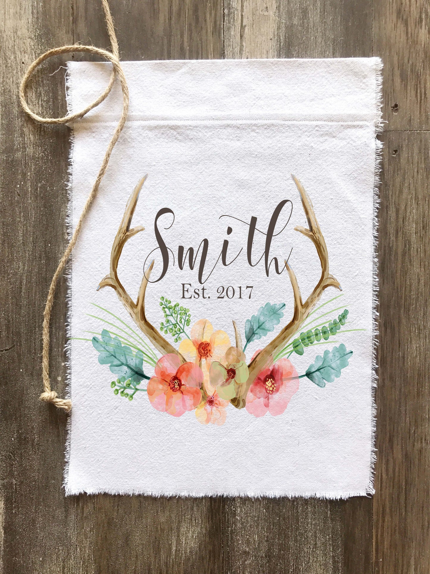 Antler Floral Watercolor Personalized Canvas Banner Flag - Returning Grace Designs