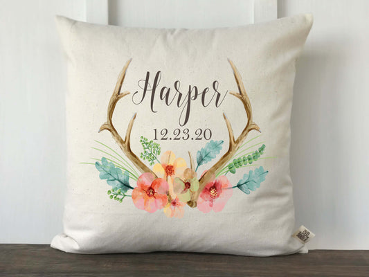 Antlers with Flowers Personalized Baby Pillow Cover - Returning Grace Designs