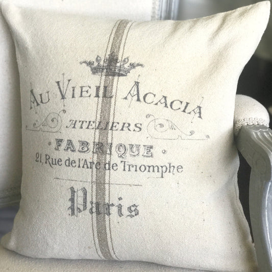 Arc De Triomphe Vintage French Graphic Grain Sack Stripe Pillow Cover - Returning Grace Designs
