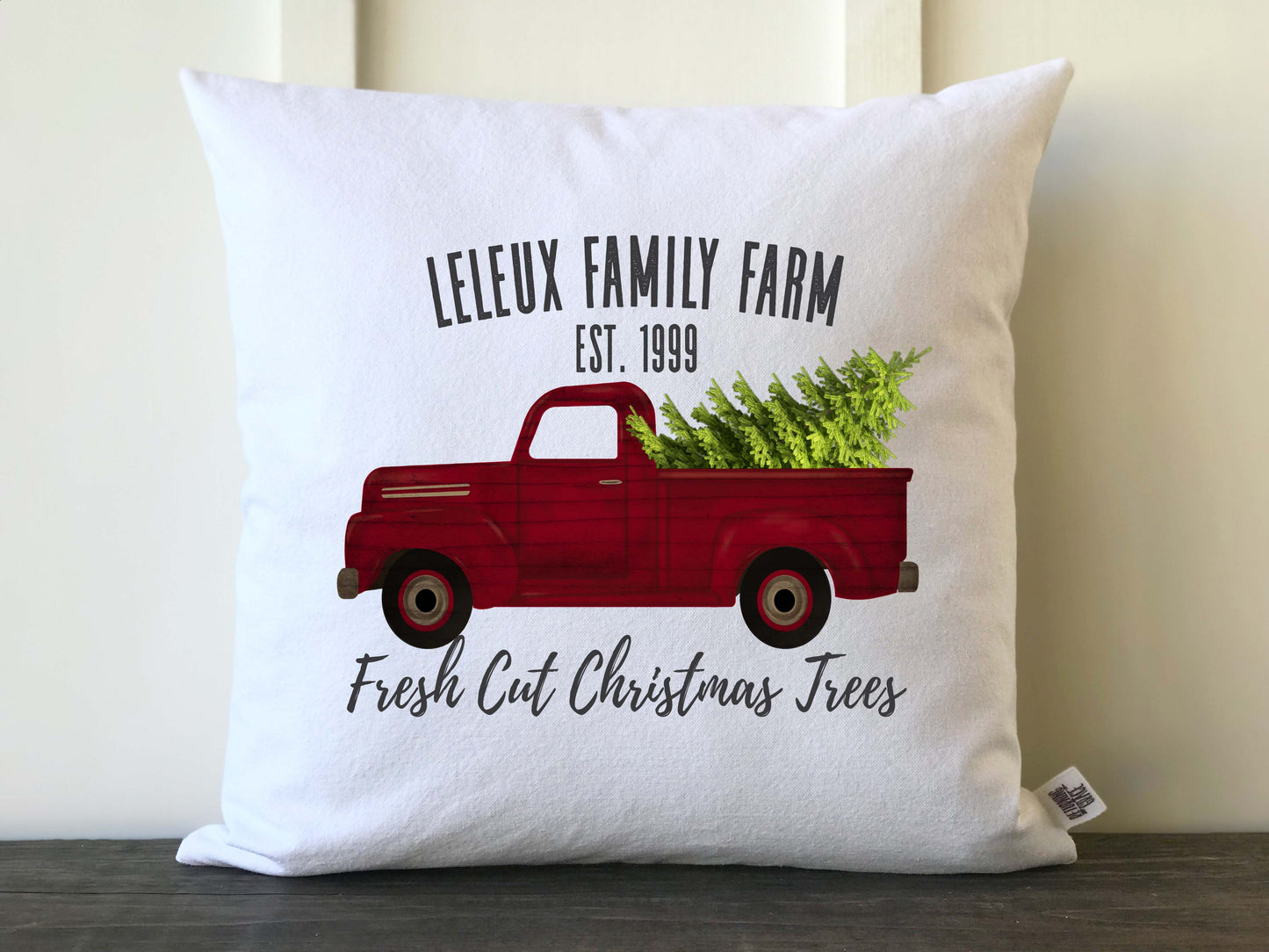 Farmhouse Personalized Family Christmas Tree Farm Vintage Truck Pillow Cover with Red Font - Returning Grace Designs