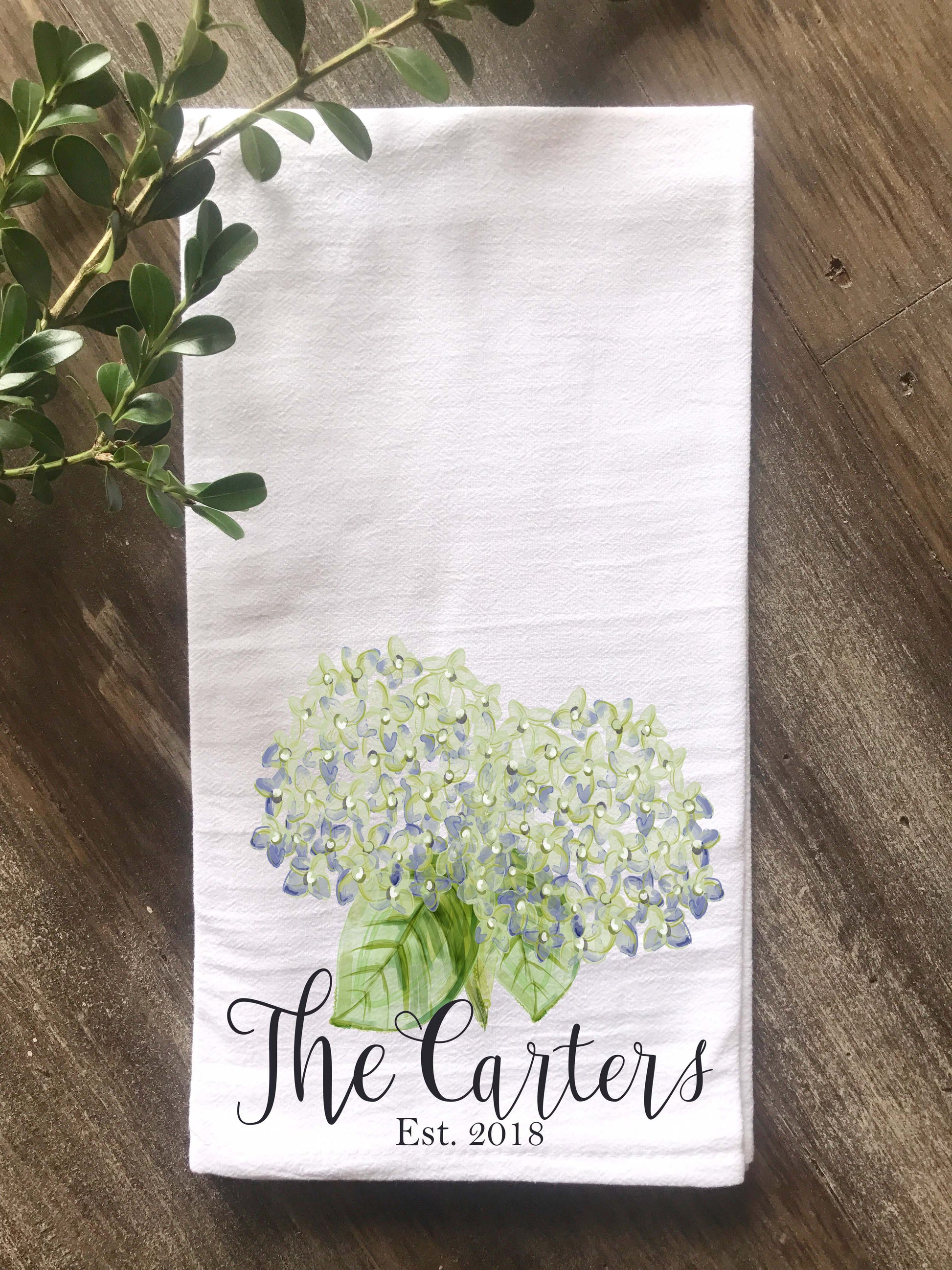 Blue Hydrangea Double Flower Watercolor Personalized Flour Sack Tea Towel - Returning Grace Designs