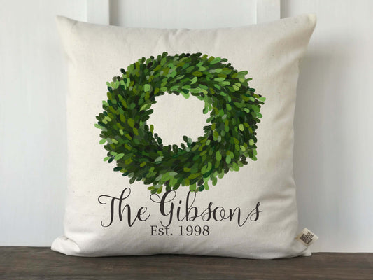 Boxwood Wreath Personalized Pillow Cover with Last Name and Established Date - Returning Grace Designs