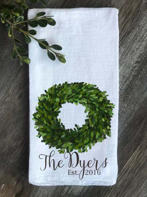 Boxwood Wreath Personalized Last Name and Est. Date Flour Sack Towel - Returning Grace Designs