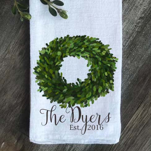 Boxwood Wreath Personalized Last Name and Est. Date Flour Sack Towel - Returning Grace Designs