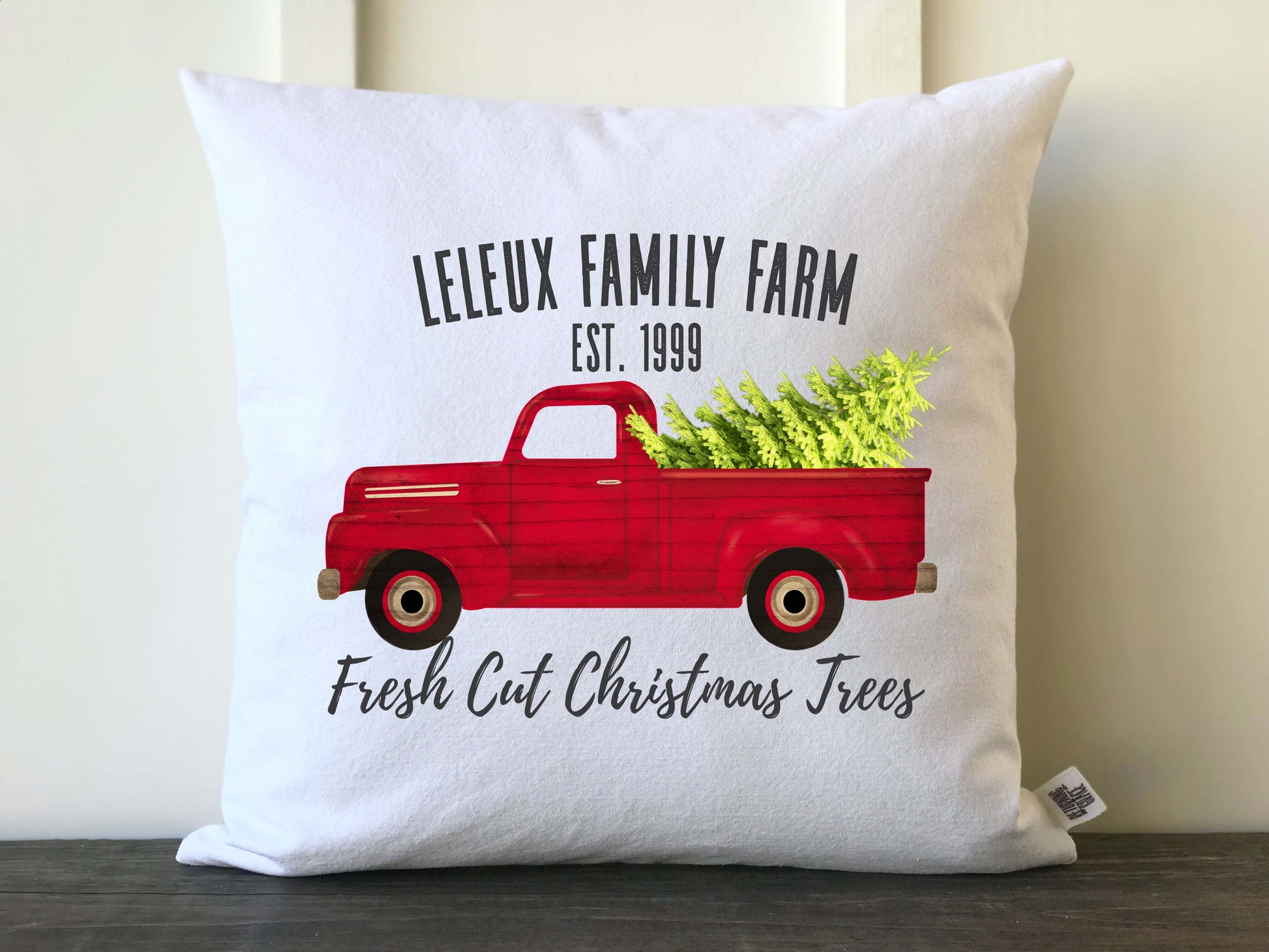 Farmhouse Personalized Family Christmas Tree Farm Vintage Truck Pillow Cover with Black Font - Returning Grace Designs