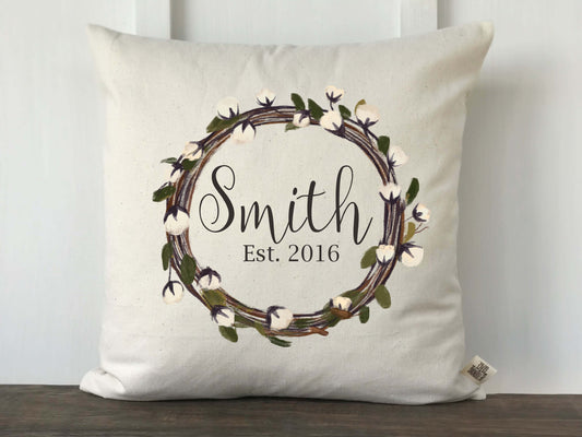 Cotton Wreath Pillow Cover - Last Name and Year - Returning Grace Designs