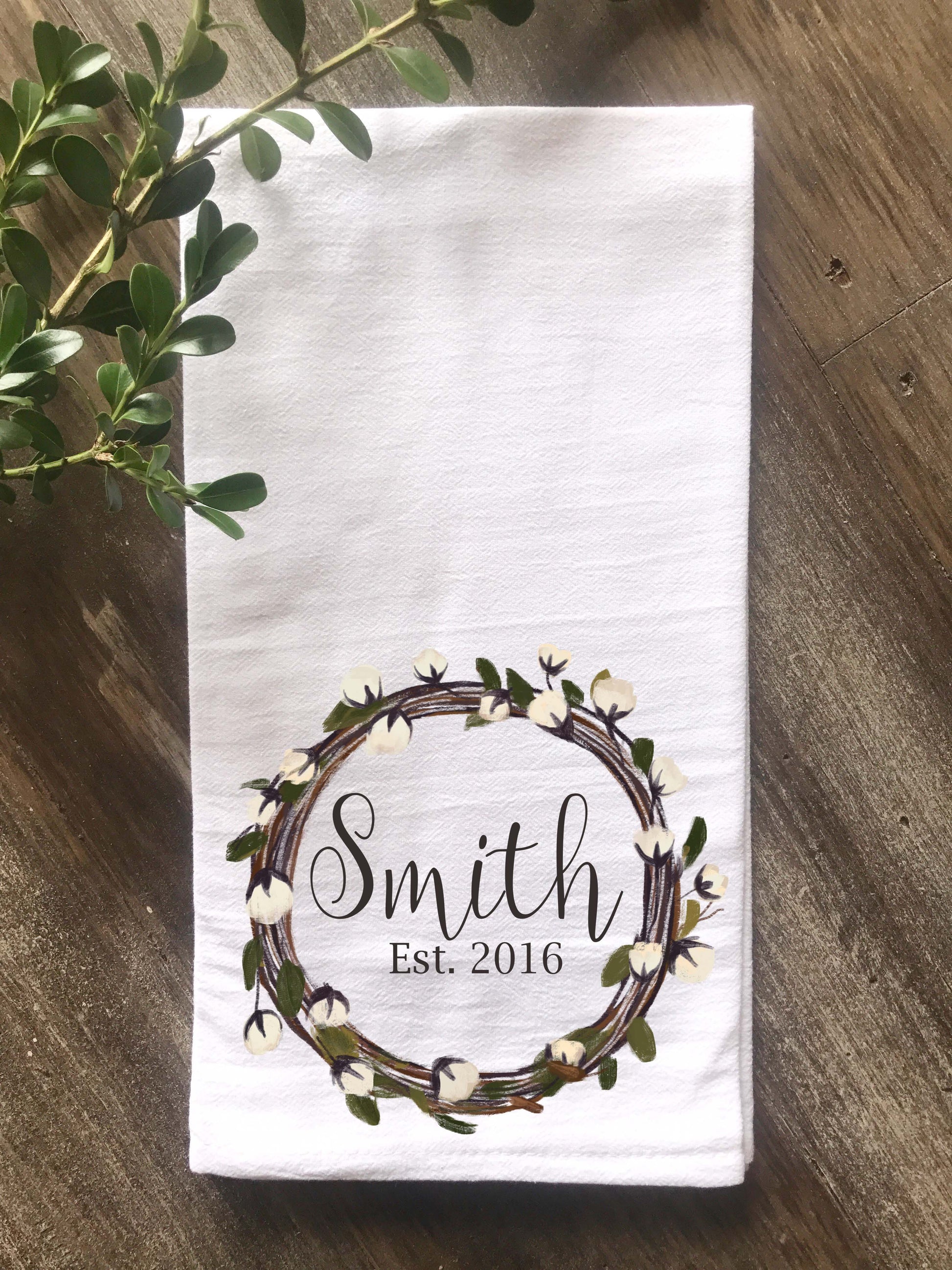 Cotton Wreath Personalized Tea Towel - Returning Grace Designs